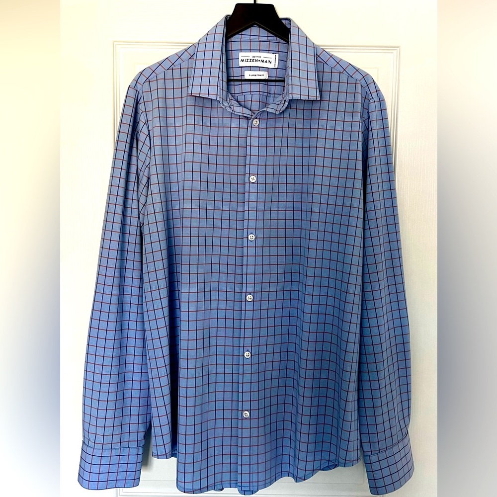 NWOT Mizzen + Main Leeward Shirt Blue Check Stretch Button Up Men's XL Trim Fit